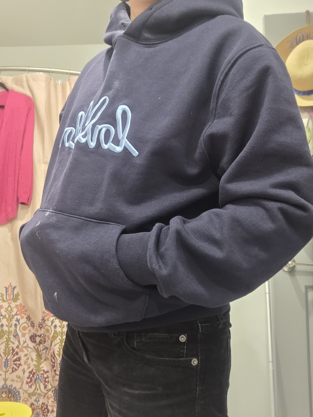 Men's Navy Pullover Hoodie with Light Blue Script